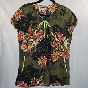 Koi Women's Scrub Top in Olive Green With Bright Green, Orange, And Pink Flowers